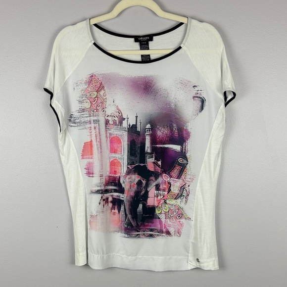 Olsen Europe Artsy Graphic Short Sleeve Tee in White and Purple Size  8 - Picture 2 of 9